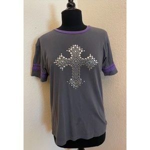 Gray and Purple Ringer Tee with Studded Cross-Sz L